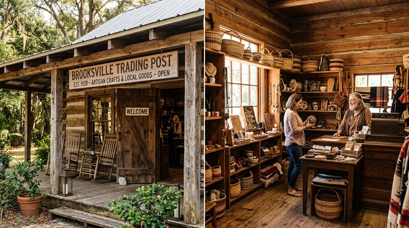 Peace Tree Trading Post historic log cabin exterior and warm artisan interior in Brooksville FL
